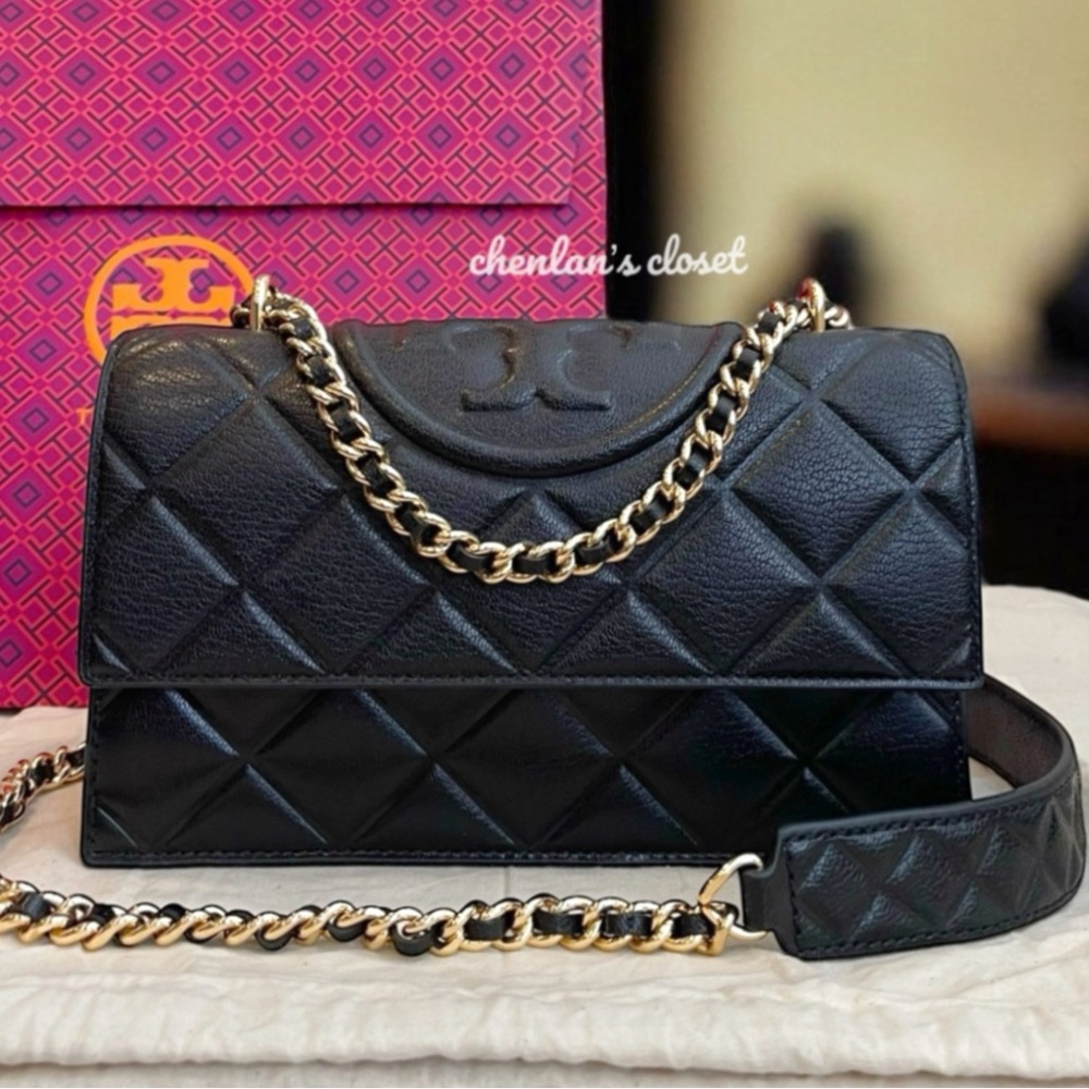 Tory Burch Fleming Black Leather Authentic Shoulder Bag With Gold Hardware